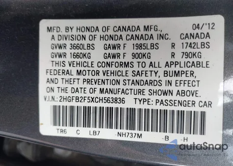 2012 Honda Civic Lx z USA, uszkodzony, nr VIN 2HGFB2F5XCH563836